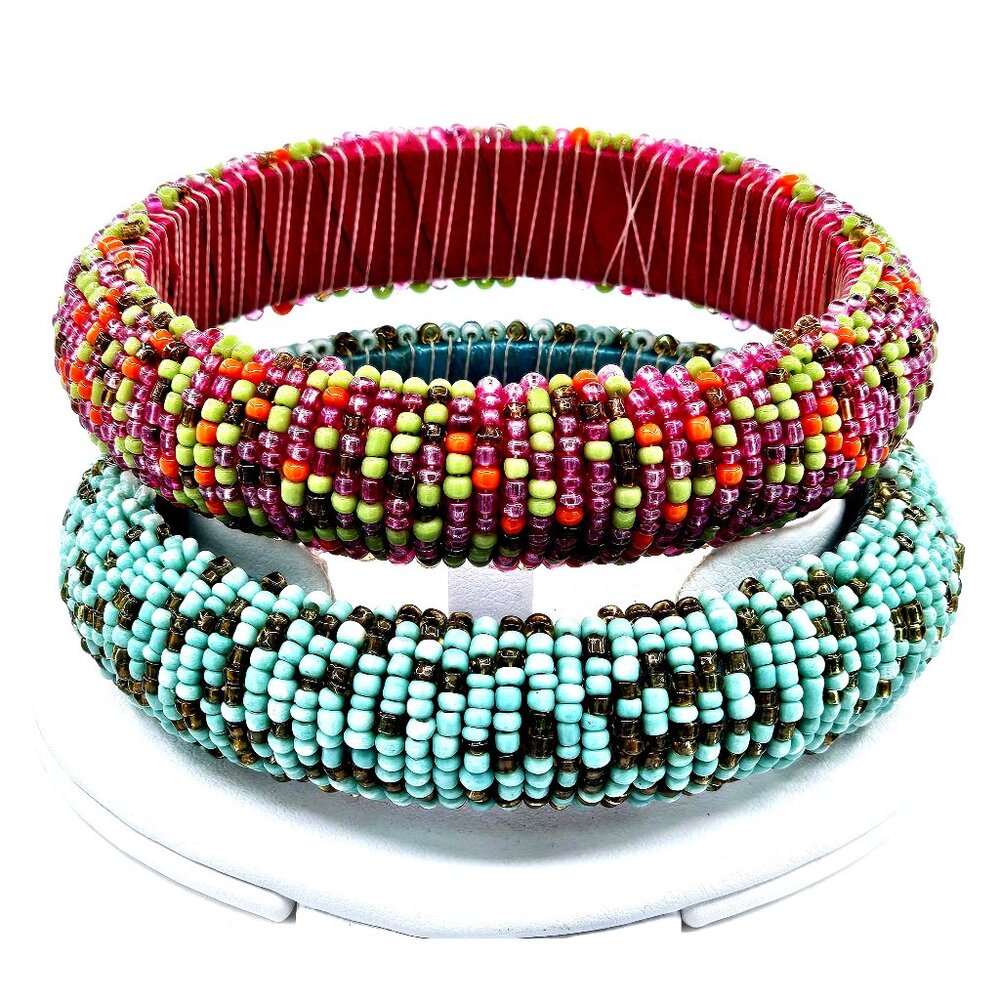 Set of 2 Colorful Seed Bead Bangle Bracelets – Boho Style, Multicolor & Turquois